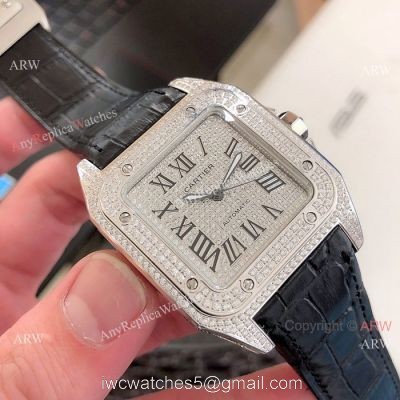 Cartier Santos 100 Diamond Replica Watch SS Full Diamond watches