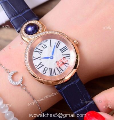High Quality Copy Cartier Women watches Rose Gold Blue Leather Strap watches