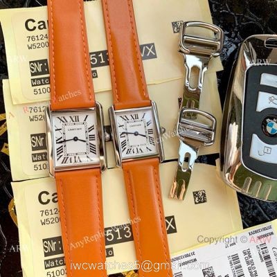Cartier Solo Tank Quartz Watch SS Orange Leather Band watches