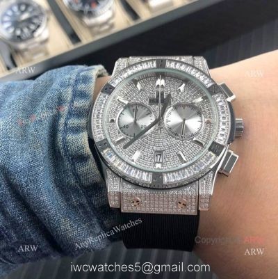 Iced Out Hublot Knock off Watches Classic Fusion SS Black Rubber Strap watches