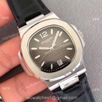 New Patek Philippe Nautilus Watch SS Gray Dial Black Leather Band watches