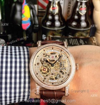 New Copy Franck Muller Round Skeleton Watch Rose Gold Brown Leather Strap watches