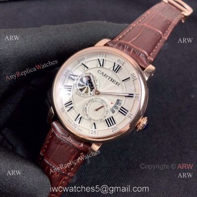 Copy Rotonde de Cartier Moonphase Watches Rose Gold Leather Strap watches