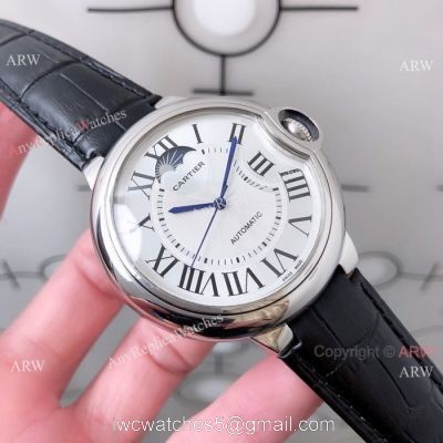 Copy Ballon Bleu de Cartier Moonphase Watch White Dial Black Leather Band watches