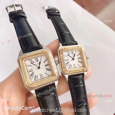 2019 New Cartier Santos Diamond Replica Watch Black Leather Strap Gold Bezel watches
