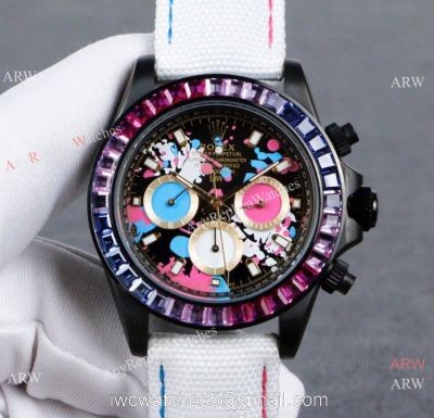 Rolex Daytona Rainbow Replica Watch Graffiti Dial White Leather Strap watches