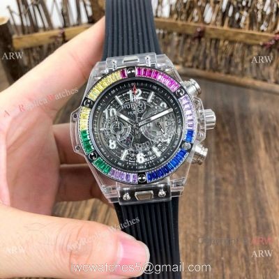 Hublot Big Bang Unico Replica Watches Rainbow Bezel Skeleton Dial Hublot Clear Watch watches
