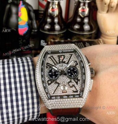 New Franck Muller Vanguard Chronograph Copy Watch SS Diamond Brown Leather Strap watches