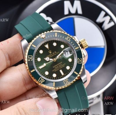Copy Rolex Submariner Date 2 Tone Green Rubber Strap Watch 41mm watches