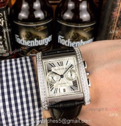 New Copy Cartier Tank Francaise watch SS Diamond Black Leather Band watches