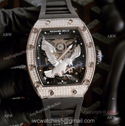 Limited Richard Mille Eagle Copy Watch With Silver Diamonds Black Rubber Band For Men watches