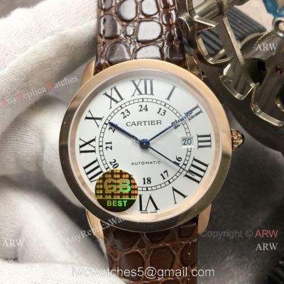 (GBF) Swiss Replica Cartier Ronde Solo De Watch Rose Gold Brown Leather Strap watches