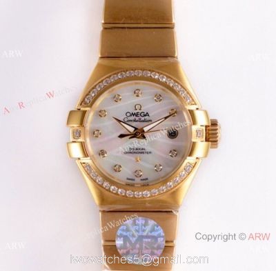 Swiss Replica Omega Constellation 27mm Watch Yellow Gold Pink MOP Dial watches