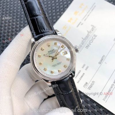 Rolex Datejust White MOP Black Leather Strap Watch Replica watches