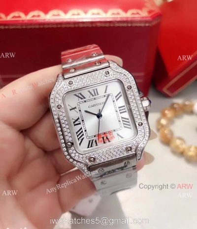 Fake Cartier Santos 100 Diamond Watch Stainless Steel Silver Roman Dial watches