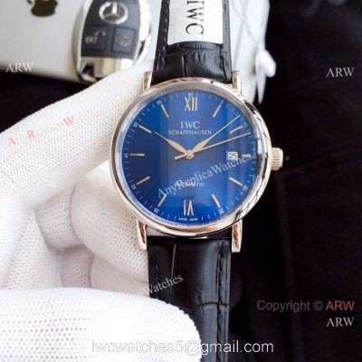 2019 Copy IWC Portofino 150th anniversary Watch Blue Dial Black Leather Band watches