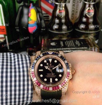 New Rolex Submariner Rose Gold Rubber Strap Watch Rainbow Bezel watches