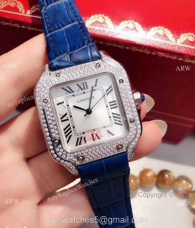 Cartier Santos 100 Diamond Replica Watch SS Diamond Case Blue Leather Strap watches