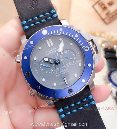 2019 New Panerai Submersible Chrono Guillaume Nery Edition Watch SS Blue Bezel watches