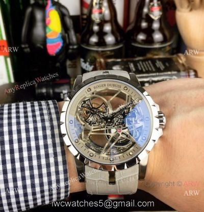 Copy Roger Dubuis Excalibur Flying Tourbillon Watches SS Gray Leather Strap watches