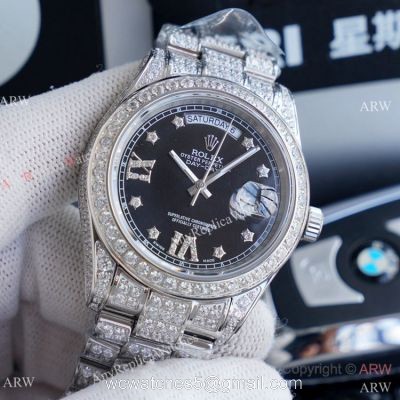 Replica Rolex Day Date II Watches Stainless Steel Iced Out Diamond Case watches