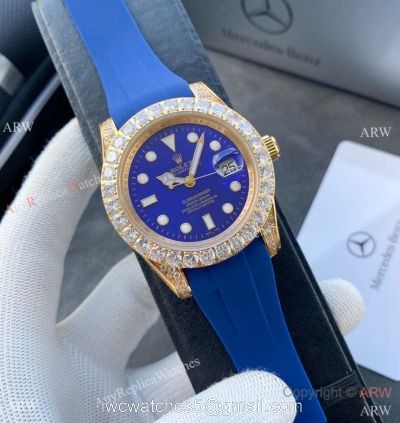 Top Replica Rolex Submariner Iced Out Diamond Watches 40mm Gold Case Blue Rubber Strap watches