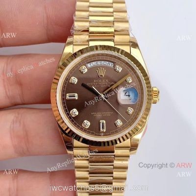 (EW Factory )Rolex Oyster Perpetual Day Date Fake Watch ETA3255 Gold President Brown Diamond Dial watches