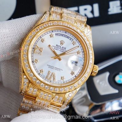 Replica Rolex Day Date II Watches Gold Iced Out Diamond Silver Dial watches