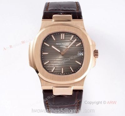 Swiss Patek Philippe Nautilus Rose Gold Grey Dial Brown Leather Strap Replica Watch watches