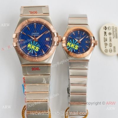 Swiss Quality Omega Double Eagle Couple Watches 8215 Movement 2-Tone Rose Gold Blue watches
