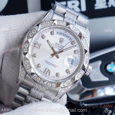 High Quality Replica Rolex Day Date II Iced Out Silver Dial Watches 41mm watches