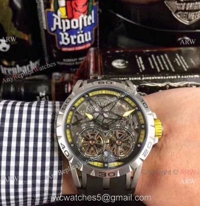 Copy Roger Dubuis Excalibur Skeleton Double Flying Tourbillon Watch SS Case watches
