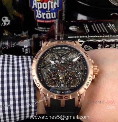 Replica Roger Dubuis Excalibur Double Flying Tourbillon Watches Black Skeleton Dial Rose Gold watches