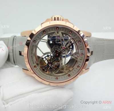 Copy Roger Dubuis Excalibur Flying Tourbillon Watch Rose Gold Gray Leather Strap watches