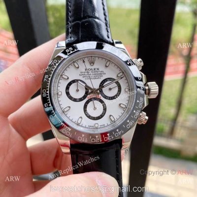 Copy Rolex Daytona 43mm Watch Panda Face Black Leather Strap watches