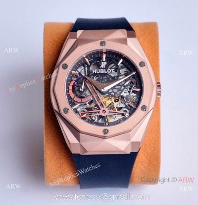 Copy Hublot Classic Fusion Skeleton Watches Rose Gold Rubber Strap watches