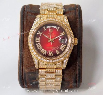 Mens Rolex Day Date Replica Watch Asian 2836 Red Face Rolex Iced Out Watch watches