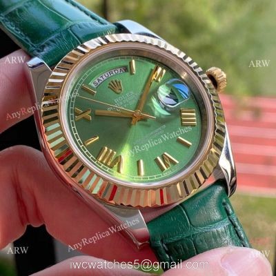 Upgraded Rolex DayDate II Green Dial Leather Strap Watch 41mm watches
