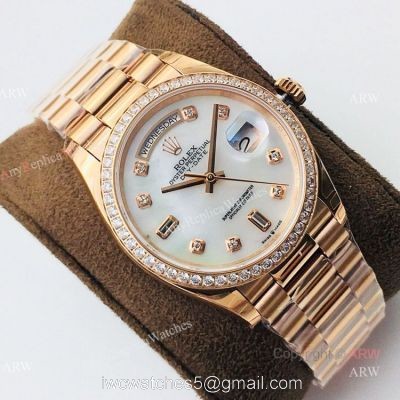 (EWF ) Swiss Replica Rolex Day Date Rose Gold White Mop Dial Diamond Watch 36mm watches