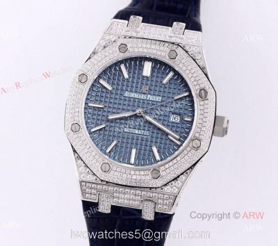 Swiss Replica Iced Out Audemars Piguet Royal Oak Blue Dial Watch Blue Leather Strap watches