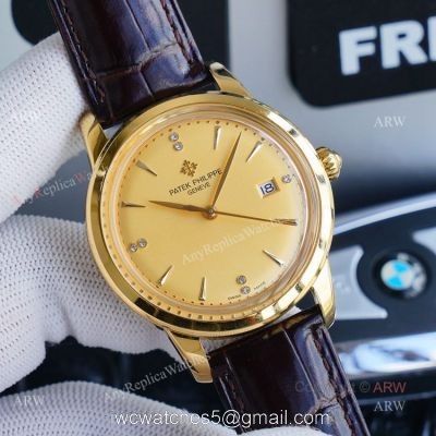 New Patek Philippe Calatrava Replica Watch Gold Dial With Brown Leather Band watches