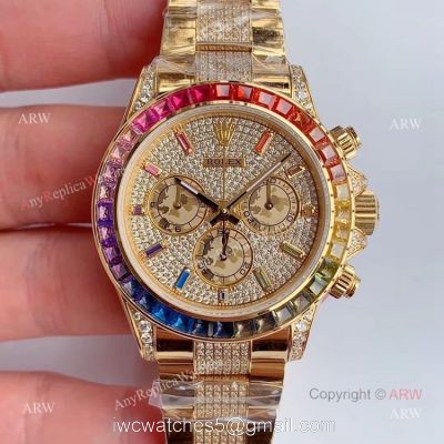 JH Factroy New Gold Rolex Daytona Rainbow Diamonds Watch Replica Swiss Cal 4130 watches