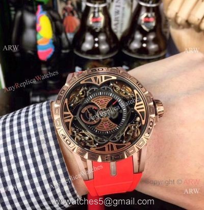 Copy Roger Dubuis Excalibur Quatuor Men Watches Red Rubber Strap Rose Gold Case watches