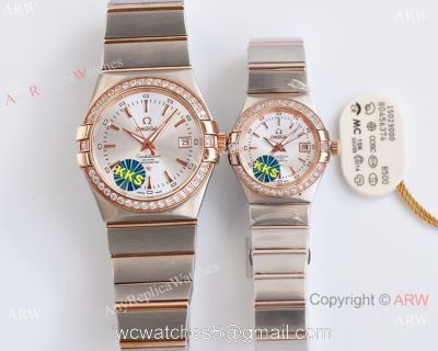 Swiss Quality Clone Omega Double Eagle Couple Watches Silver Dial Diamond Bezel 38mm and 27mm watches