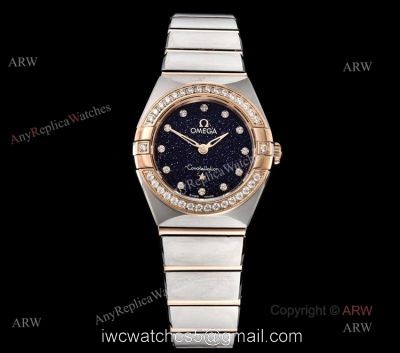 GF Factory Swiss Replica Omega Constellation Two Tone Rose Gold Diamond Watch With Black Aventurine Dial watches
