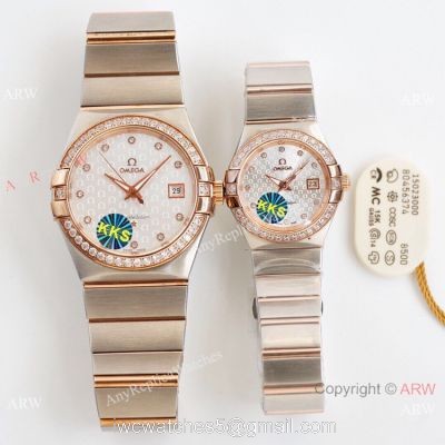 Swiss Quality Omega Constellation Double Eagle Couple Watch 2-Tone Rose Gold Diamond Bezel watches