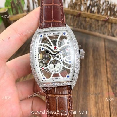 Knockoff Franck Muller Cintree Curvex Skeleton Watches SS Diamond Brown Leather Strap watches