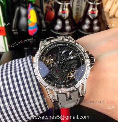 Copy Roger Dubuis Excalibur Automatic Skeleton SS Diamond Watch Gray Gummy Strap watches