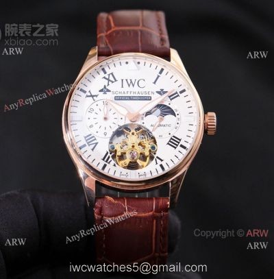 New IWC Schaffhausen Complications Men Watch White Dial Brown Leather Strap watches