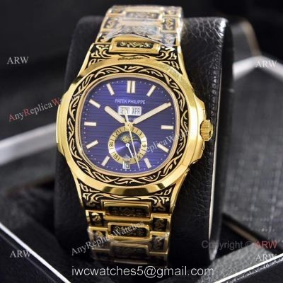 Clone Patek Philippe Annual Calendar Watches Yellow Gold Engraving Blue Dial watches